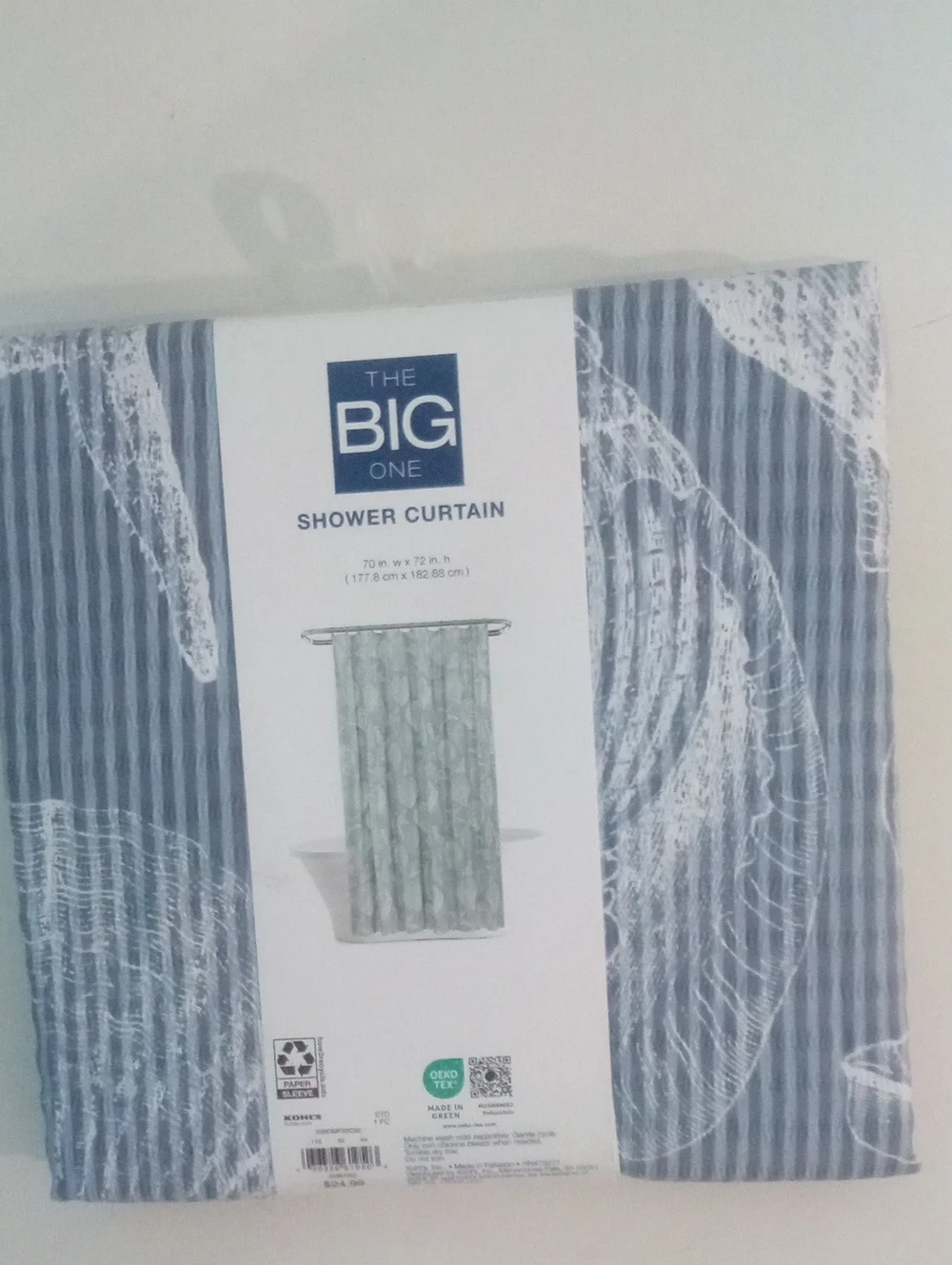 The Big One Blue Striped Shower Curtain - Nautical Shell Design New In Pkg